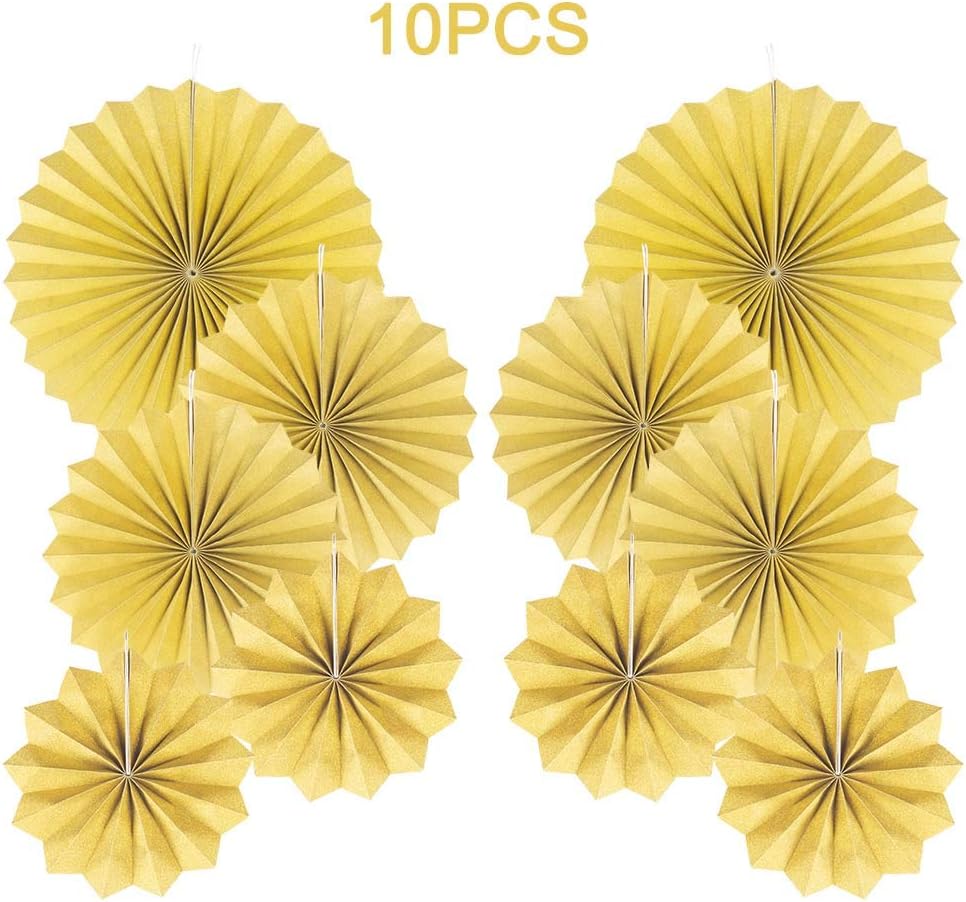 Party Hanging Paper Fans Decorations Set, Gold Round Paper Fan Ceiling Party Decoration Suppiles,Set of 10