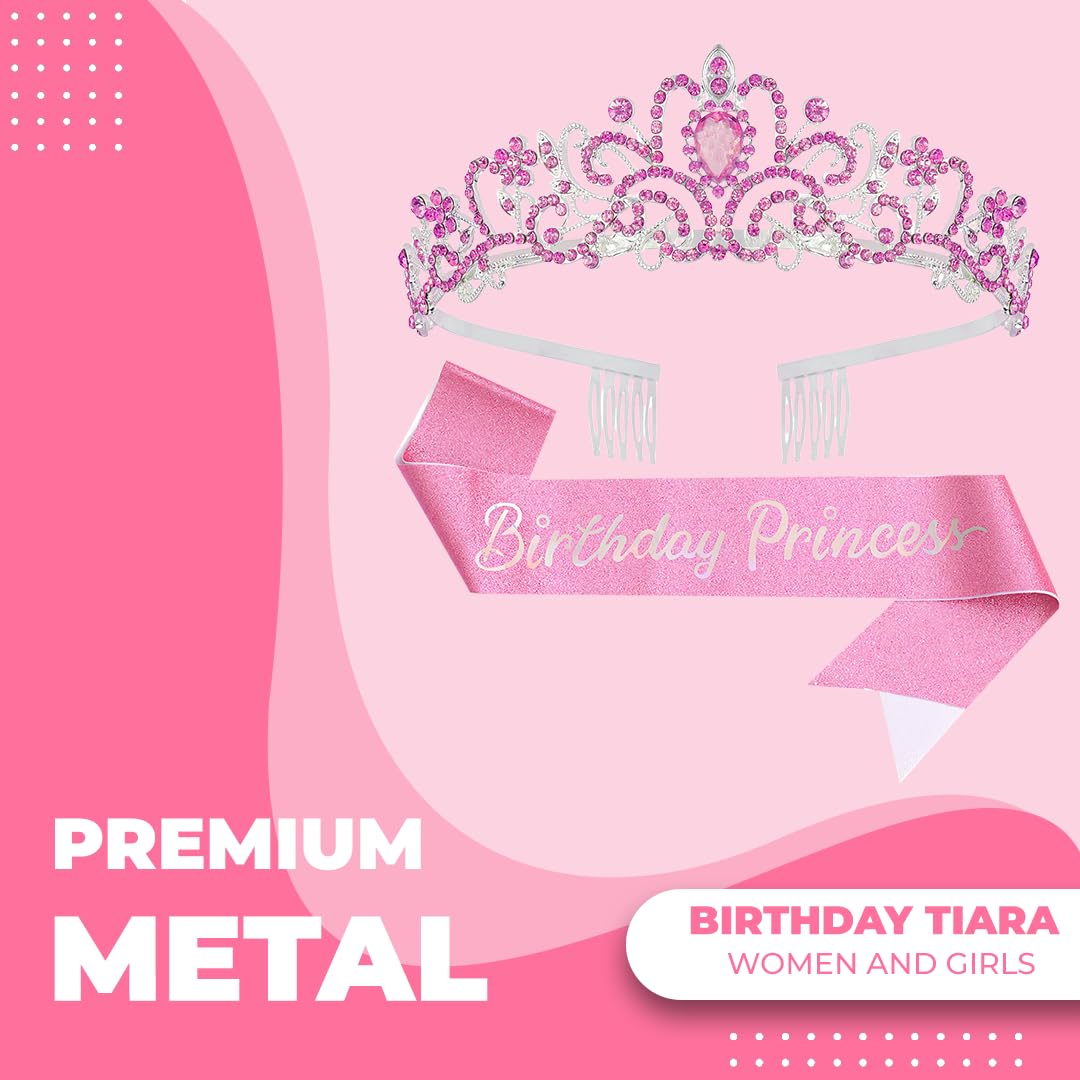 Birthday Tiara Crown with Sash for Women, Headband Hair Accessories for Wedding Party Costume