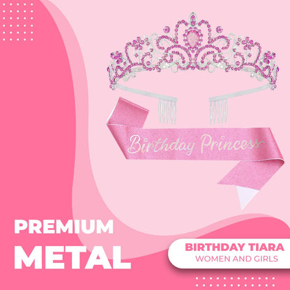 Birthday Tiara Crown with Sash for Women, Headband Hair Accessories for Wedding Party Costume
