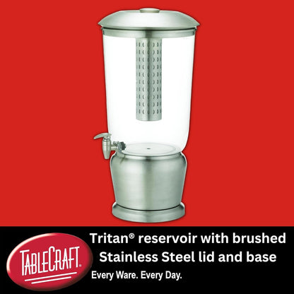 TableCraft 75 Upscale 2.5 Gallon Drink Dispenser with Fruit Infuser & Stand, Tritan & Brushed Stainless Steel, Cold Beverage Dispenser for Catering and Home Use