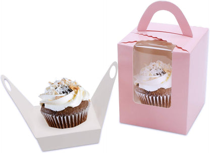 EUSOAR Gold Cupcake Boxes, 25pcs 3.6"x 3.6"x 4.3" Single Cupcake Carrier with Window Insert and Handle, Kraft Pastry Containers, Muffins Cupcake Carriers for Bakery Wrapping Party Favor Packing