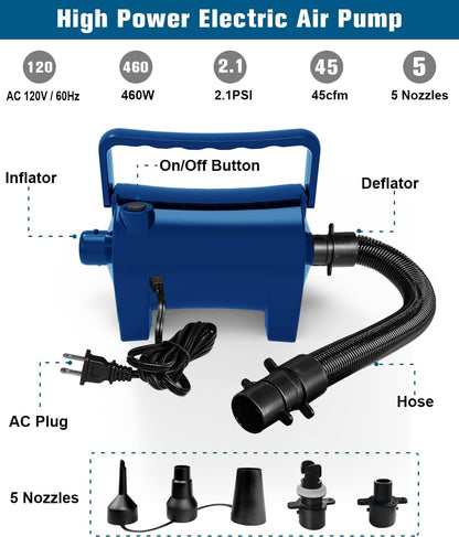 Artigarden Electric Air Pump Portable 460W Quick-Fill Air Pump Air Flow 45CFM 2.1PSI with Hose 5 Nozzles 120V AC Inflator Deflator Pump for Air Mattress Air Bed Inflatable Cushion Boat Swimming Ring