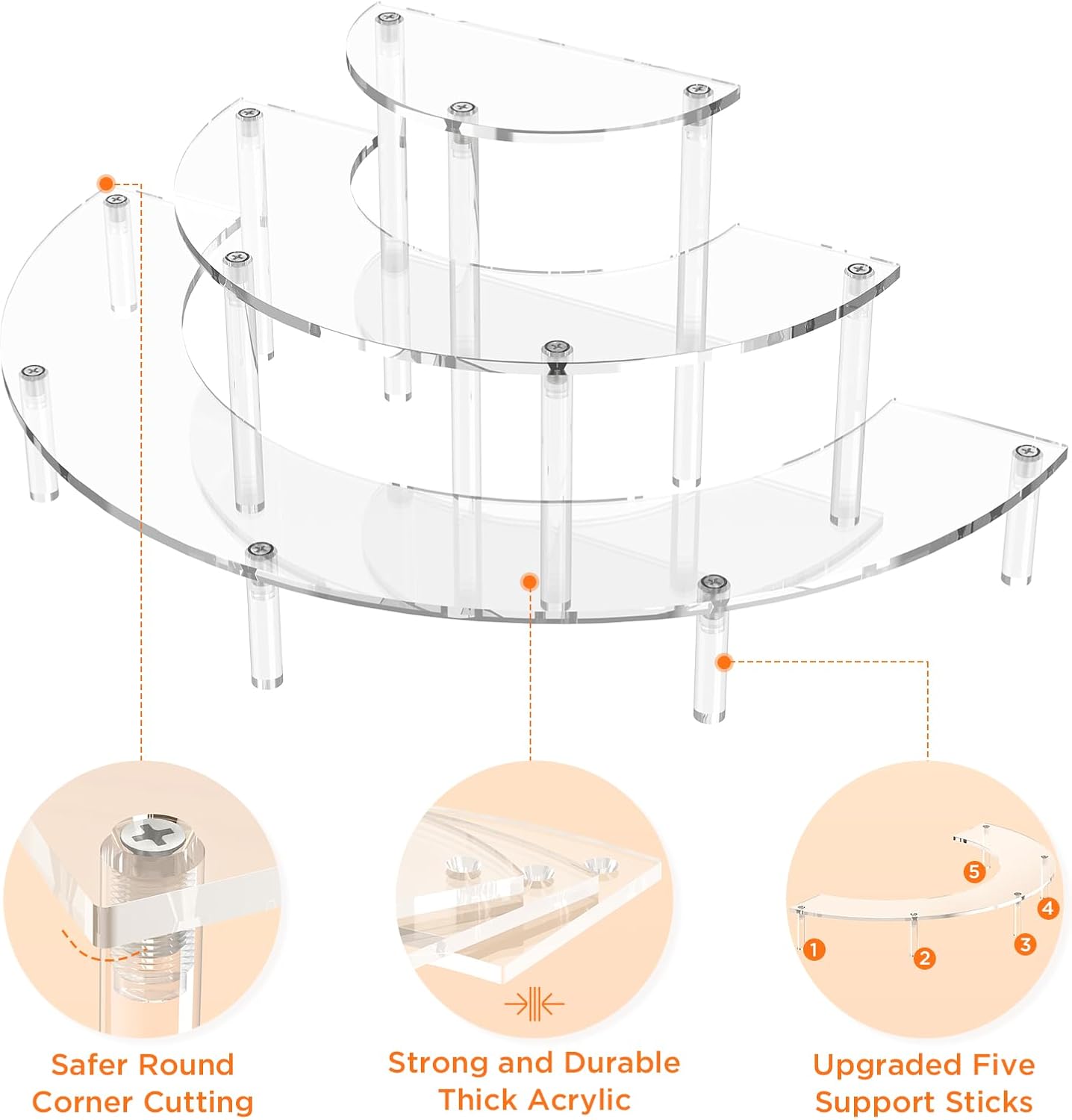 Dooiclear 3 Tier Acrylic Display Risers 2 Pack, Half Moon Cupcake Stand, Clear Perfume Organizer, Dessert Stand for Display, Clear Display Stand for Food, Cupcake, Perfume, Collections
