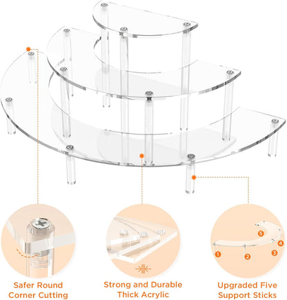 Dooiclear 3 Tier Acrylic Display Risers 2 Pack, Half Moon Cupcake Stand, Clear Perfume Organizer, Dessert Stand for Display, Clear Display Stand for Food, Cupcake, Perfume, Collections
