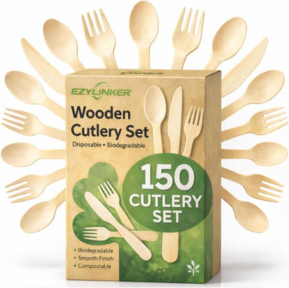 100% Compostable Cutlery Set - 150 Pieces Wooden Compostable Utensils [50 Forks, Knives, Spoons] - Disposable Wooden Cutlery, Eco Friendly Forks & Spoons Set Party Utensils
