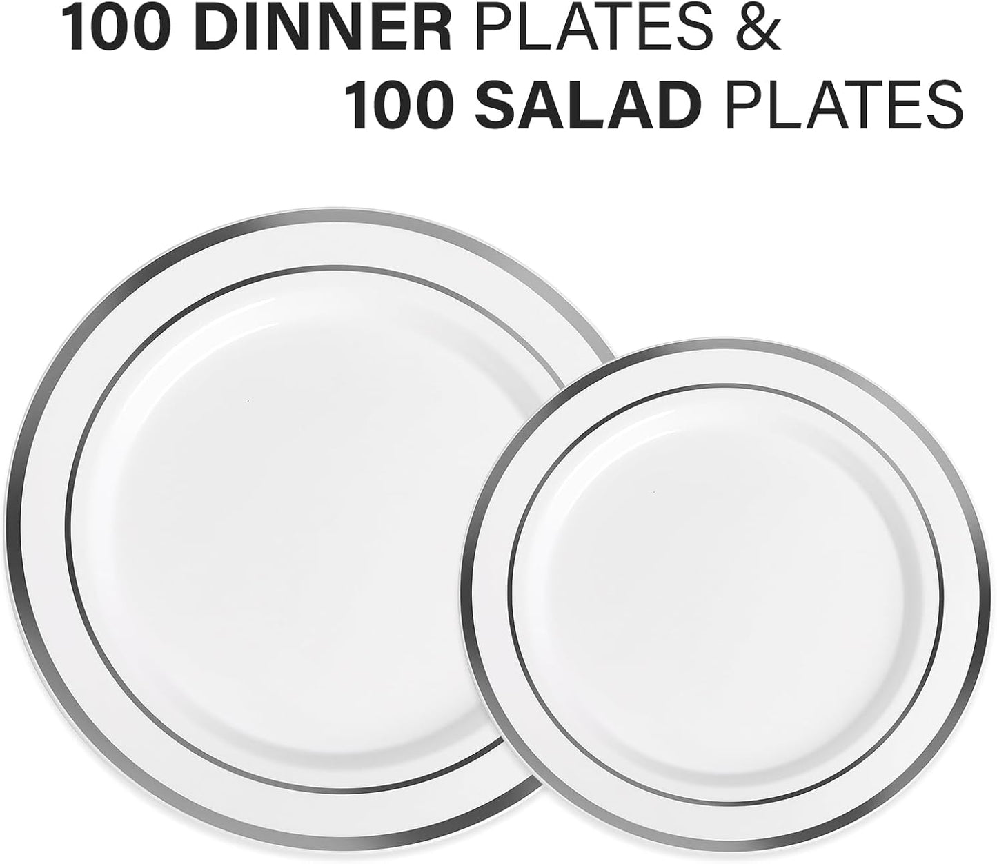 AOZITA 200 PCS White Plastic Plates, Premium Heavy Duty Disposable Plates for Party, 100 Dinner Plates & 100 Salad Dessert Plates, Sturdy Hard Plastic Dinnerware for Wedding, Events