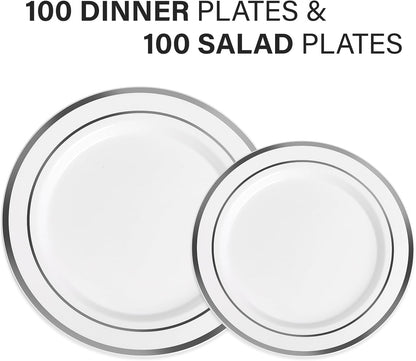 AOZITA 200 PCS White Plastic Plates, Premium Heavy Duty Disposable Plates for Party, 100 Dinner Plates & 100 Salad Dessert Plates, Sturdy Hard Plastic Dinnerware for Wedding, Events