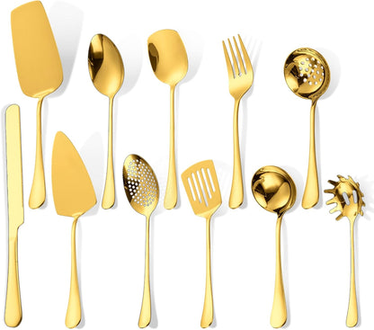 Stainless Steel Serving Utensil Set 10-Piece Buffet Flatware Catering Silverware with Bread Tong,Cake Spatula,Serving Ladles,Salad Fork,Cheese Knife,Large Spoon for Parties Buffet