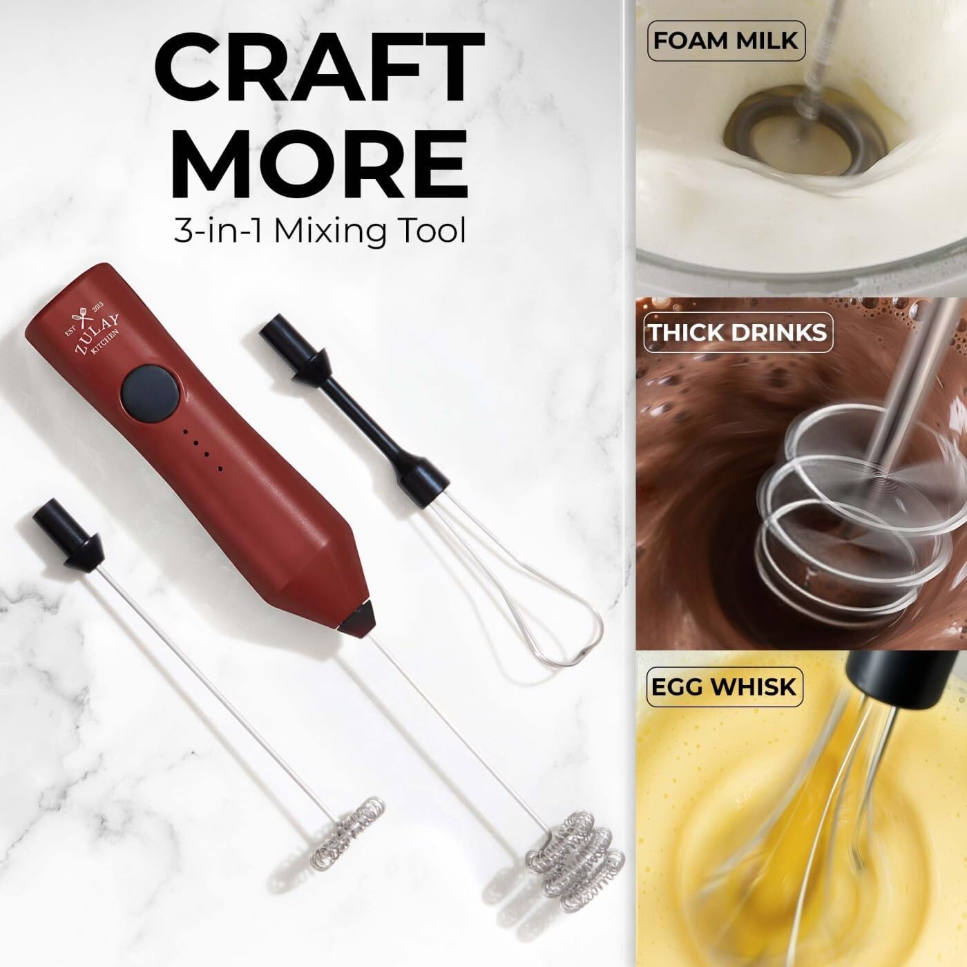 Zulay Kitchen Powerful Milk Frother Wand With Duracell Batteries - Ultra Fast Handheld Drink Mixer - Electric Whisk Foam Maker for Coffee, Lattes, Cappuccino & Matcha - Z1 Motor - Black - Colors A