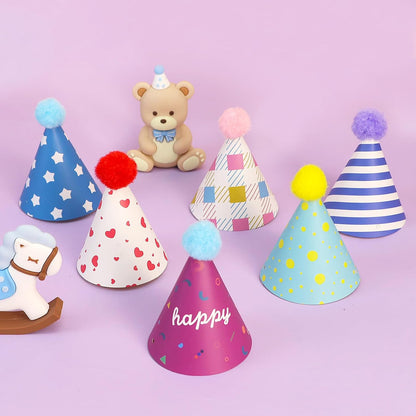 12 Pack Mini Party Hats for Stuffed Animals, Mini Hats with Pom Poms Dog Birthday Party Hats for Dolls Dog Cat Pet Birthday Decoration