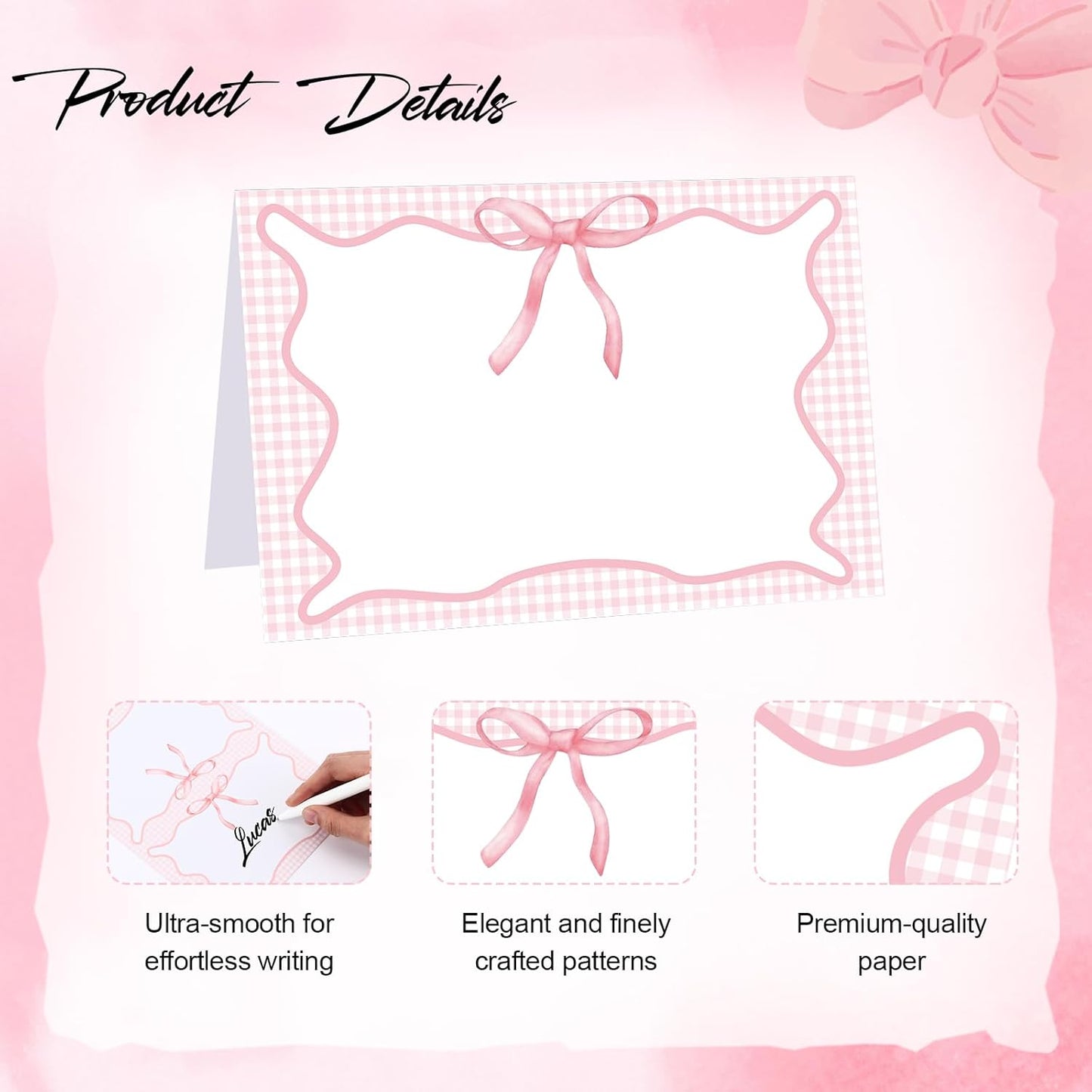Maitys 24 Pcs Blue Gingham Picnic Party Decoration Bow Place Cards 6 x 4 Inch Summer Themed Bow Tent Card Large Holiday Table Setting Food Label for Summer BBQ Bridal Showers Supplies