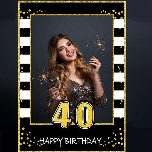 Glittery 40th Birthday Selfie Photo Booth Frame Black and Gold Birthday Party Photo Props - Upgraded Version with Support Cardboard