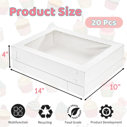 20 Pieces 14x10x4 Inch Cake Boxes, White Rectangle Quarter Sheet Bakery Boxes with Window, Large Paperboard Container for Donuts Cookies Baking Cake Pastry Pie Packaging