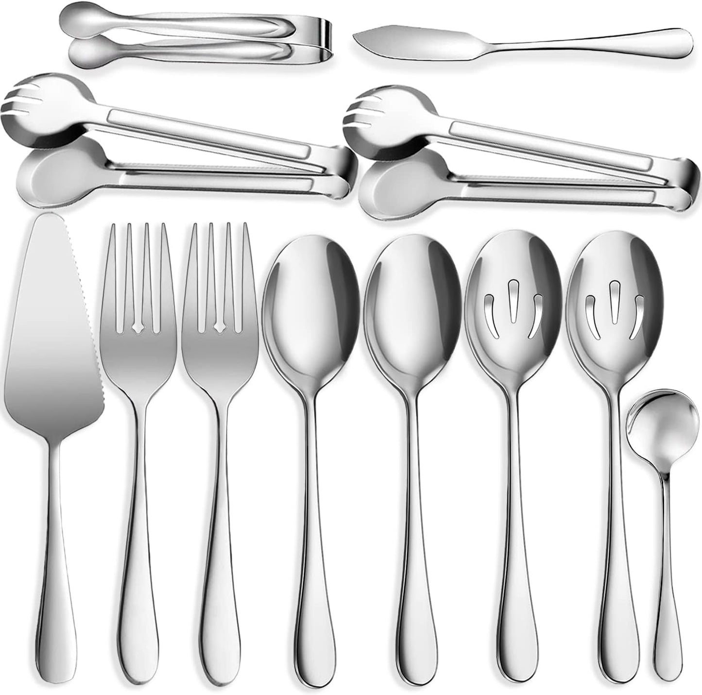 11 PCS Serving Utensils, Large Stainless Steel Spoons Forks Tongs, Pie Server, Great for Hostess Buffet Catering Banquet Party, Silver