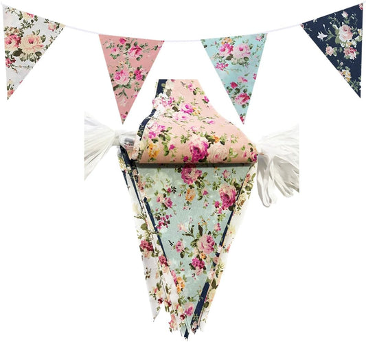 20 Meters 66 feet Flower Pennant Banner, Multi Color Fabric Floral Buntings Triangle Flags Garland for Baby Shower Birthday Wedding Party Decorations
