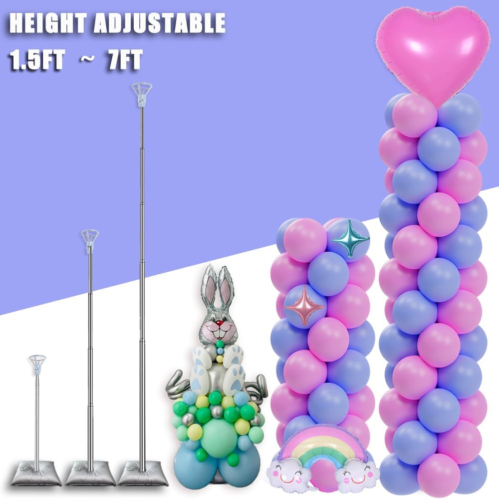 DECOJOY Balloon Column Stand Set of 2, Adjustable 7 Feet Ballon Arch Stands with Bases for Floor, Tall Baloon Tower Pillar Assembly Kit for Halloween, Birthday, Party Decorations