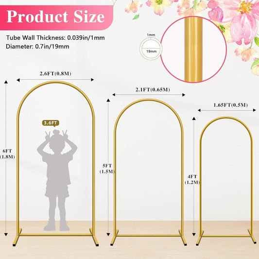 Metal Arch Backdrop Stand, Set of 3 (4ft / 5ft / 6ft) Gold Arch Backdrop with 12 Ground Nails, Stable Arched Background Stand for Wedding, Baby Shower, Birthday Party, Photography