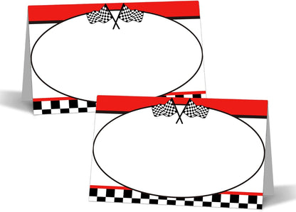 Racing Car Table Place Cards - 25PCS Tent Cards - 2.1” x 3.5“ Two Fast Food Lables - Name Place Cards for Table Setting - Name Cards for Birthday Party Baby Shower - Scored for Easy Folding -17