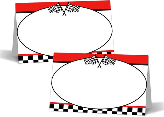 Racing Car Table Place Cards - 25PCS Tent Cards - 2.1” x 3.5“ Two Fast Food Lables - Name Place Cards for Table Setting - Name Cards for Birthday Party Baby Shower - Scored for Easy Folding -17