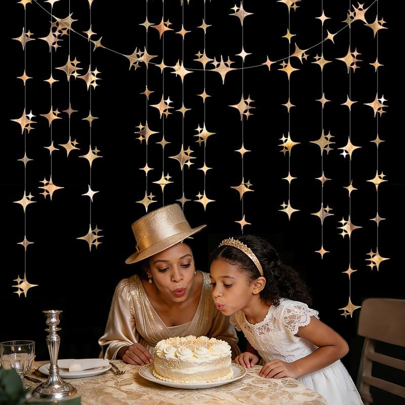 Glitter Gold Four-Angle Star Paper Garland Banner Décor 40 Feet Gold Twinkle Star Hanging Bunting Banner Backdrop for Wedding Baby Shower Birthday Graduation Disco Party Decorations