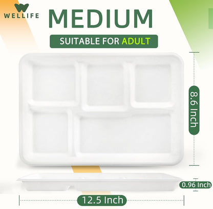 WELLIFE 100% Compostable 5 Compartment Paper Plates, 100 Pack Disposable School Lunch Trays Divided Plates for Adult Youth, 12.5 * 8.6 inch Heavy Duty Eco-Friendly Bagasse Plate for Buffet and Party
