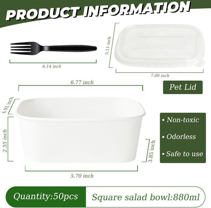 50-Pack 29oz Disposable Kraft Paper Bowls【with Lids and Forks】,Meal Prep Containers Disposable Togo Food Deli Containers for Restaurant Supplies Take Out Containers, Microwave Safe for Hot/Cold Food