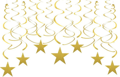Black, White, and Silver Hanging Swirl Decorations with Star Cutouts, Set of 30