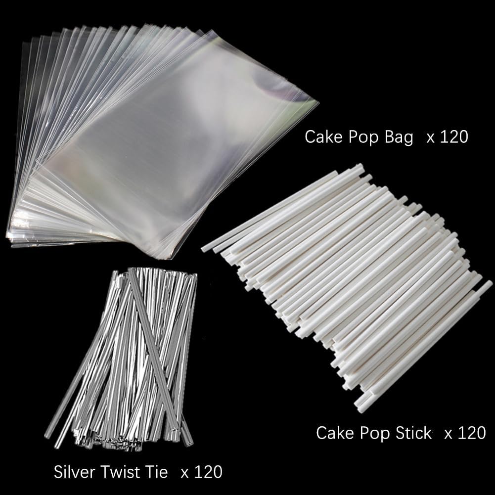 360 PCS Cake Pop Sticks and Wrappers Ties Kit, Including 120ct 6-inch Paper Lollipop Sticks, 120ct Cake Pop Parcel Bags, 100ct Silver Twist Ties for Candy Making Packaging Supplies