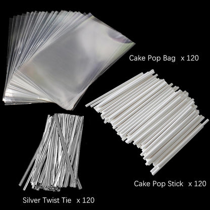 360 PCS Cake Pop Sticks and Wrappers Ties Kit, Including 120ct 6-inch Paper Lollipop Sticks, 120ct Cake Pop Parcel Bags, 100ct Silver Twist Ties for Candy Making Packaging Supplies