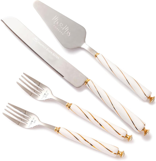 Cake Cutting Set For Wedding, Wedding Cake Knife and Server Set, 4 Pieces Mr and Mrs Gifts Cake Cutter Set for Wedding Bridal Shower Engagement Gifts