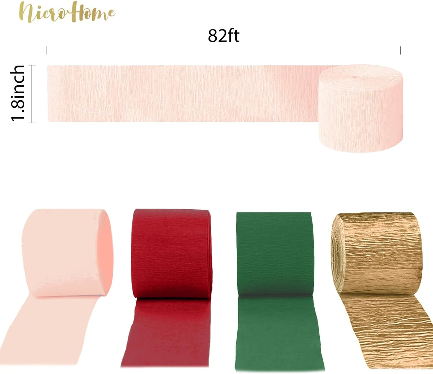 NICROHOME EUR Wedding Party Decorations, 8 Rolls Moss Sage Green Pink Crepe Paper Streamers for Boho Baby Shower, Wedding, Engagement Party, Spring Party, Birthday Party Supplies, 82 ft Long