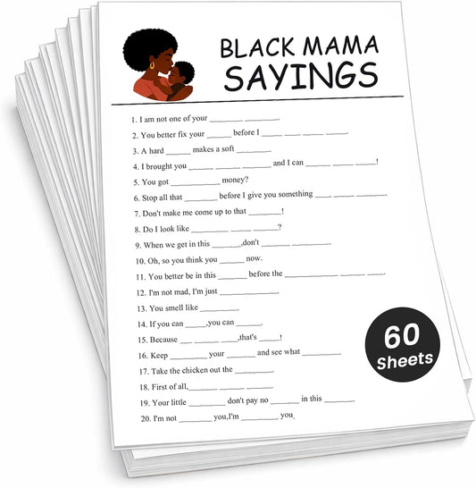 Black Mama Sayings Party Game Cards – 70 Pack Adult Icebreaker Set with Answer Keys & Markers, 5x7 Fill-in-the-Blank Maternal Wisdom Game, Cultural Humor Stationery for Adult Celebrations