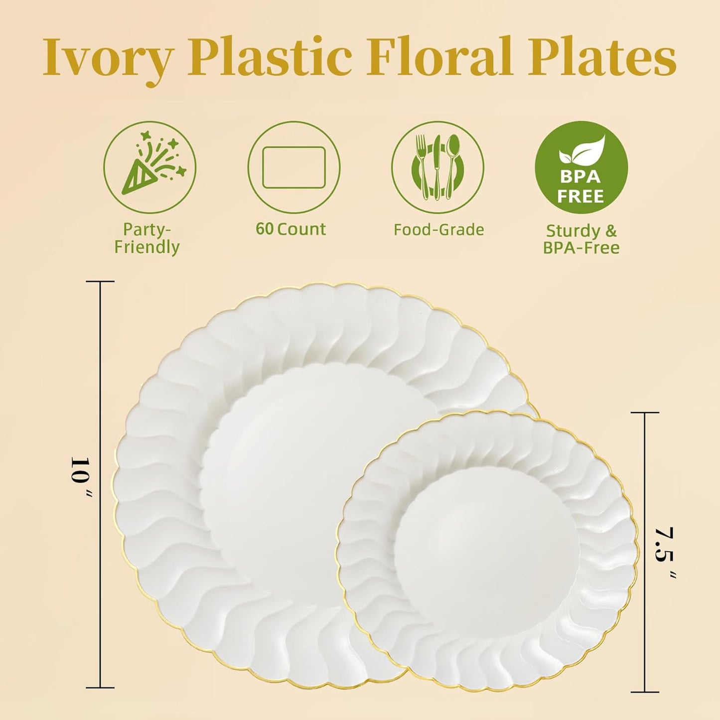 Lullaby 60PCS Ivory Scalloped Plastic Plates with Gold Rim, Disposable Elegant Plates Include 30pcs Dinner Plate 10.25", 30pcs Plastic Dessert Plate 7.5", Perfect for Wedding and Party