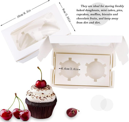 30 Pack White Paper Cupcake Boxes with 2 Cavity Cookie Gift Boxes with Clear Window 2 Treat Holder Cupcake Containers Bakery Cake Box for Birthday Party Holiday Bakery Supplies