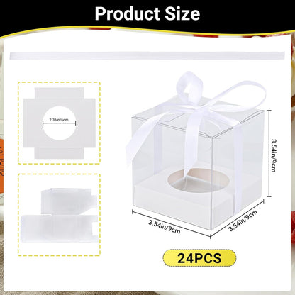 EUSOAR Individual Cupcake Holder, 50pcs 3.5 Inch Plastic Black Cupcake Containers with Lids, Single Transparent Display Clear Cupcake Carrier with Ribbon and Inserts for Wedding Party Favor