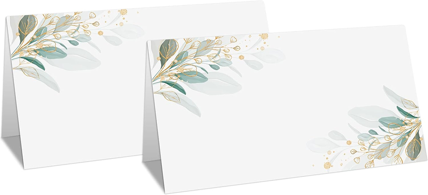 Gold Foil Greenery Table Place Card, 25 Pcs Tent Style Cards Set with Green Eucalyptus, Editable Name Cards for Table Seating, Food Lables for Birthday Party, Baby Shower, Wedding, Bridal Shower(15)