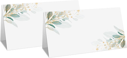 Gold Foil Greenery Table Place Card, 25 Pcs Tent Style Cards Set with Green Eucalyptus, Editable Name Cards for Table Seating, Food Lables for Birthday Party, Baby Shower, Wedding, Bridal Shower(15)