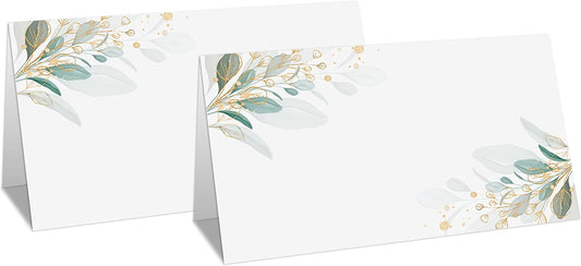 Gold Foil Greenery Table Place Card, 25 Pcs Tent Style Cards Set with Green Eucalyptus, Editable Name Cards for Table Seating, Food Lables for Birthday Party, Baby Shower, Wedding, Bridal Shower(15)