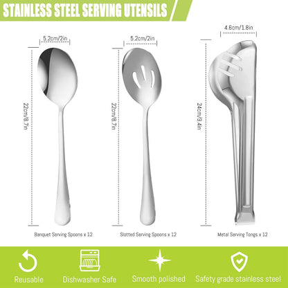 Sabary 36 Pcs Stainless Steel Serving Utensils for Buffet Parties Including 12 Serving Spoons 12 Slotted Spoons 12 Serving Tongs Large Metal Flatware Set for Tanksgiving Catering Banquet(Gold)