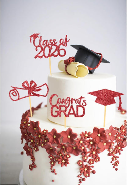 2026 Graduation Theme Cupcake Toppers Glitter Class of 2026 Graduation Cap Diploma Cupcake Picks - Set of 24 (Gold)