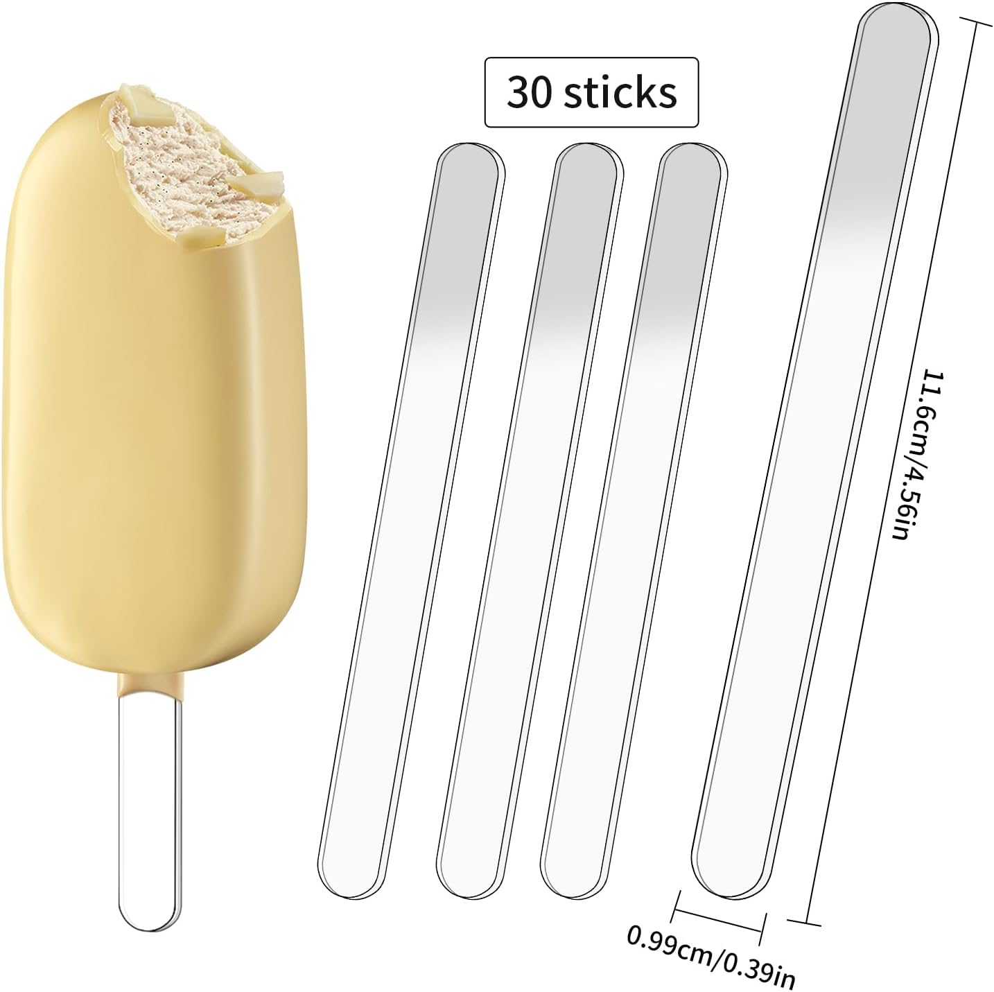 30pcs 4.5 Inch Acrylic Sticks, Reusable Ice Cream Sticks, Ice Cream Sticks, Cake Molds, Mini Ice Cream Sticks, Cake Sticks, for Homemade Ice Cream, Cakes, Desserts, DIY Art (Transparent)
