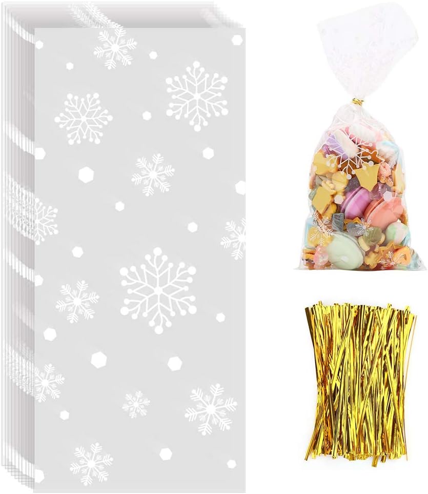 CCINEE 150 Pcs Cellophane Treat Bags, 5 X 11 Inches Gold Star Print Clear Gift Wrap Candy Bags Goodie Bags with Twist Ties for Wedding, Birthday Party Favors, Bakery, and Gift Packaging