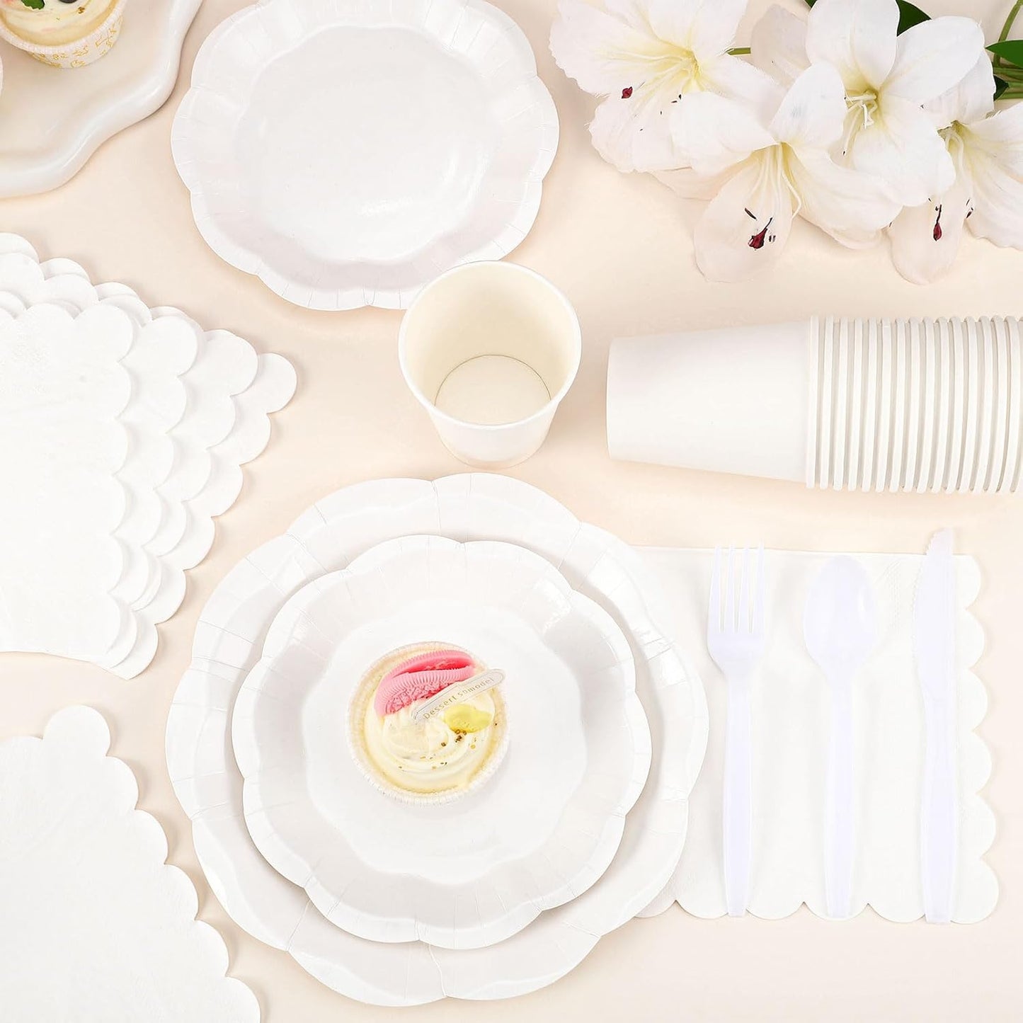 NatNarr 175 Pcs Sage Green Plates and Napkins Set, 25 Guest Sage Green Party Supplies Include Scalloped Paper Plate Napkin Cup Forks Knives Disposable Plastic Cutlery for Wedding Baby Shower Birthday