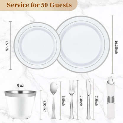 BESTVIP 350PCS Gold Plastic Dinnerware Set, Disposable Party Plates for 50 Guests, Include: 100 Plastic Plates, 50 Pre Rolled Napkins with Gold Silverware, 50 Cups