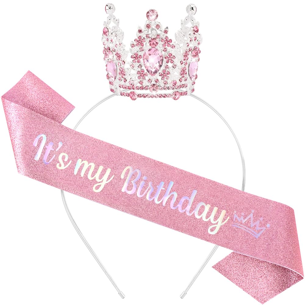 AOPRIE Birthday Crown for Women with Sash Gold White Happy Birthday Tiara for Women Girl Headband Princess Crown Rhinestone Accessories