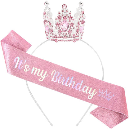 AOPRIE Birthday Crown for Women with Sash Gold White Happy Birthday Tiara for Women Girl Headband Princess Crown Rhinestone Accessories