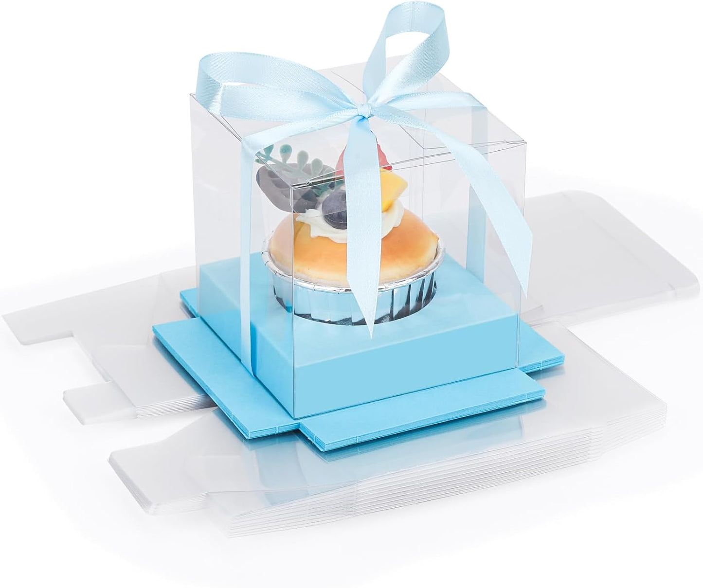 EUSOAR Individual Cupcake Holder, 50pcs 3.5 Inch Plastic Black Cupcake Containers with Lids, Single Transparent Display Clear Cupcake Carrier with Ribbon and Inserts for Wedding Party Favor