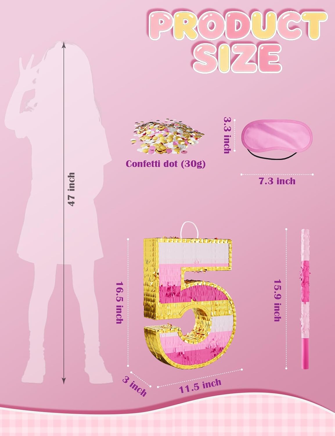 Number 5 Piñata with Stick, Blindfold & Confetti-Pink Piñata for Birthday Parties, Complete Party Game Set for Kids Girls-Gradient Pink Birthday Decor with Fillable Design(Small, 16.5 x 11.5 x 3 In)