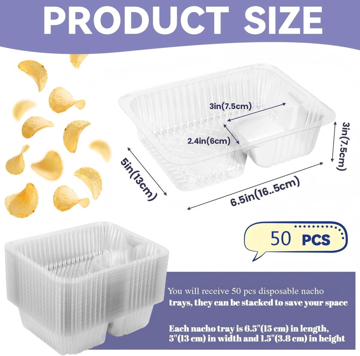 200 Pcs 12oz 6.5''x5'' Plastic Nacho Trays, Small Disposable Tray for Nachos & Cheese Dip, Clear Nacho Containers for Chip, 2 Compartment Movie Night Snack Trays Great for Snacks, Fair Foods