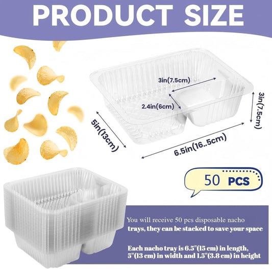 200 Pcs 12oz 6.5''x5'' Plastic Nacho Trays, Small Disposable Tray for Nachos & Cheese Dip, Clear Nacho Containers for Chip, 2 Compartment Movie Night Snack Trays Great for Snacks, Fair Foods